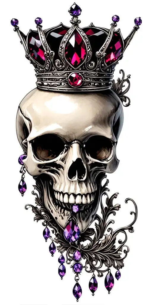 bone skull with a garnet, tanzanite,  , opal, crown tattoo design idea