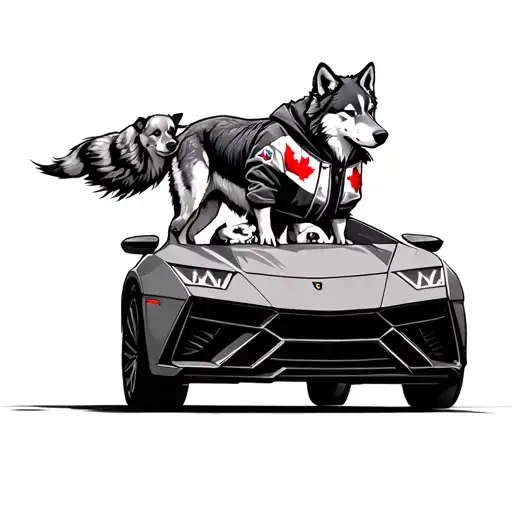 a wolf walking upright on two legs wearing a jacket with a Canadian flag on it while looking at puppies driving a lambo  tattoo design idea