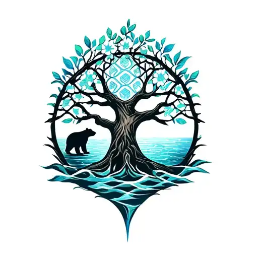 tree of life intertwined with flower of life bear and sea turtle tattoo design idea