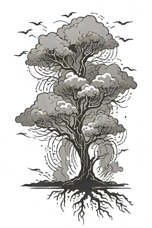 An abstract design of a rainstorm with lightning striking a tree tattoo design idea
