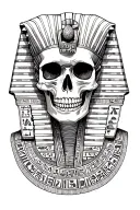 Skeletal Pharaoh skull surrounded by hieroglyphics tattoo design idea