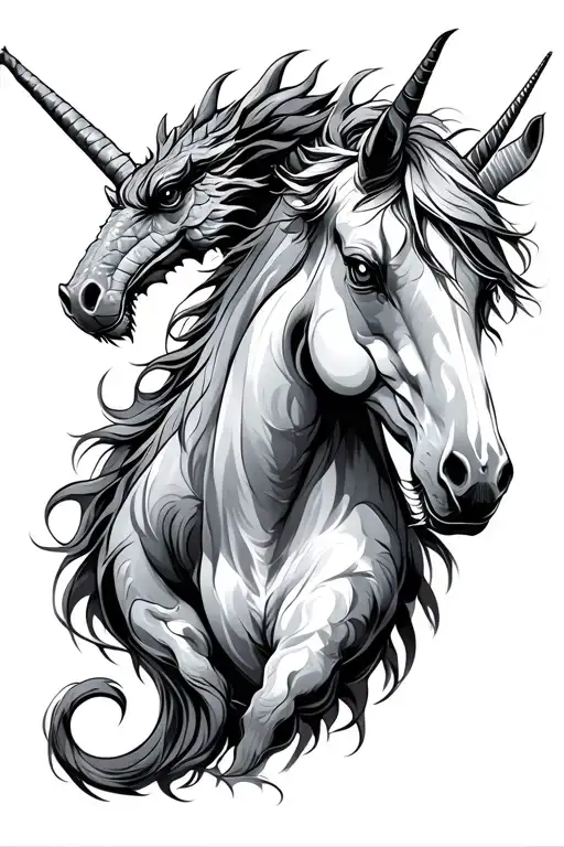 unicorn looking right and dragon looking left tattoo design idea