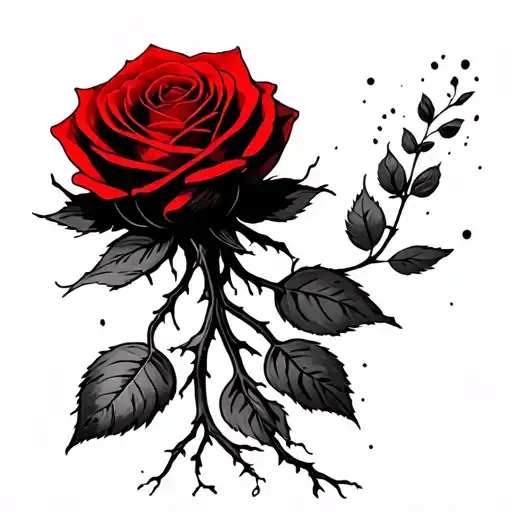 black and red concrete rose with roots tattoo design idea