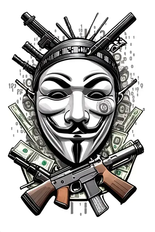 full sleeve tattoo 3 anonymous mask with binary codes and an ak47 with money and hacking tools tattoo design idea