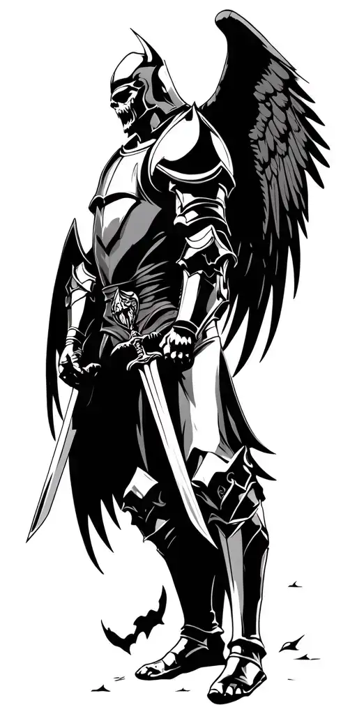 knight in armor with wings holding sword stabbing satan tattoo design idea