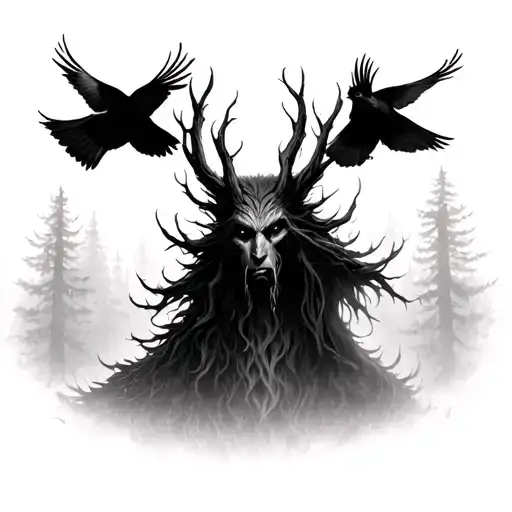 A shadowy silhouette of a Leshy in a dark, misty forest. With 2 crows flying around. Not detailed.  tattoo design idea