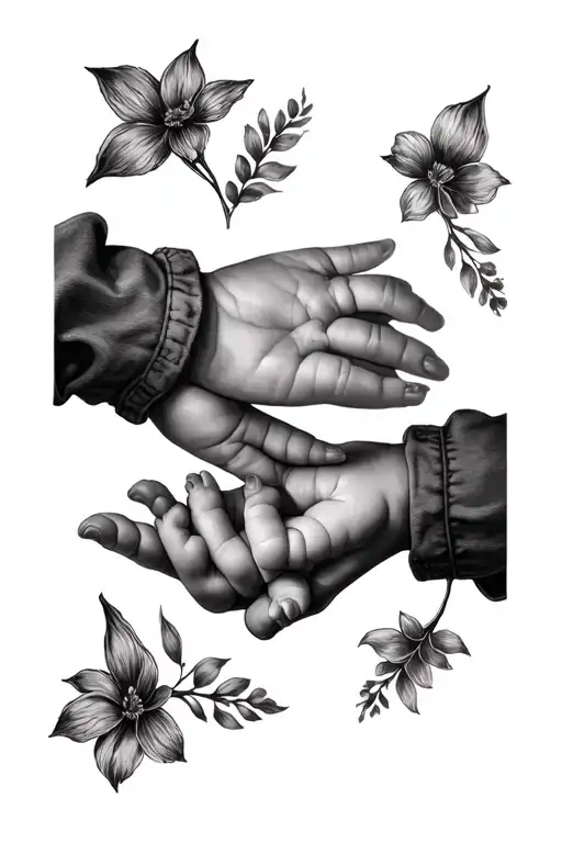 a baby hand reaching to an older sister hand reaching tattoo design idea