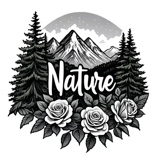 "Nature" A mountain range illustrated with evergreen trees and stunning scenery of roses. Towering peaks stretch high to the sky. tattoo design idea