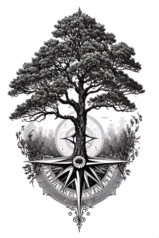 Acacia Tree in compass tattoo design idea