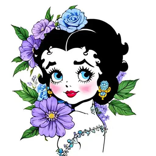 betty boop in lilac and blue flowers tattoo design idea