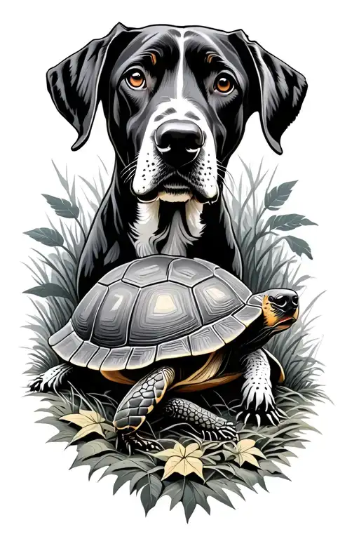 2 german shorthaired pointers and 1 box turtle in the woods and field tattoo design idea
