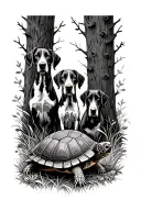 2 german shorthaired pointers and 1 box turtle in the woods and field tattoo design idea
