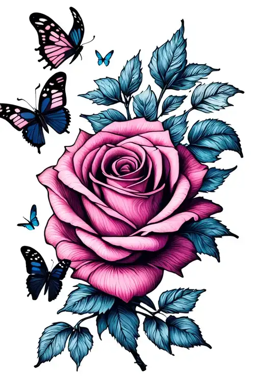 cursive drawn rose into the cursive letters xoxo spread out ending with little sketched butterflies tattoo design idea