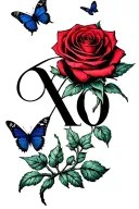 cursive drawn rose into the cursive letters xoxo spread out ending with little sketched butterflies tattoo design idea