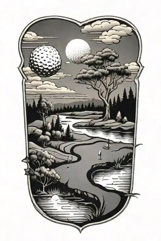 golf landscape tattoo featuring iconic symbols tattoo design idea