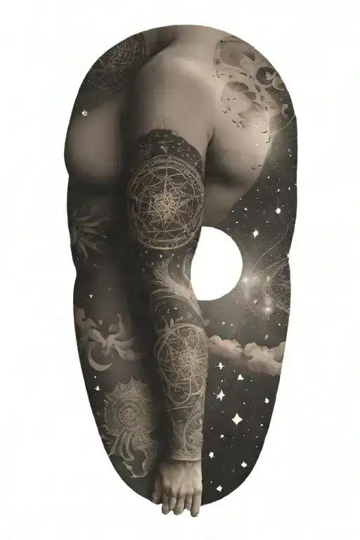 A celestial sleeve tattoo incorporating elements of the universe and ancient Sumerian motifs tattoo design idea