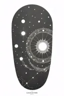 A celestial sleeve tattoo incorporating elements of the universe and ancient Sumerian motifs tattoo design idea