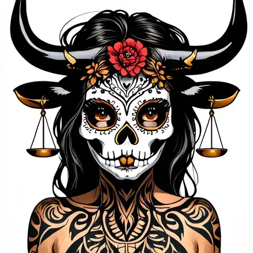 woman body bull with sugar skull markings, brown eyes and two Libra scales with extra dark background tattoo design idea