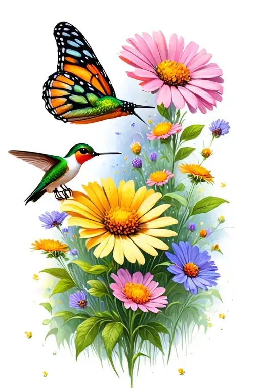 a field of Wild flowers with a Butterfly, a hummingbird, and a honey bee flying or feeding from the flowers  tattoo design idea