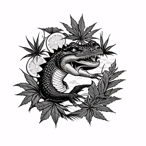 traditional japanese full sleeve tattoo with elements of florida, like alligators, oranges and weed leafs tattoo design idea