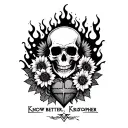 "Know Better. Kristopher" skull flames roses and a sunflower solid black cross demon shattered heart tattoo design idea