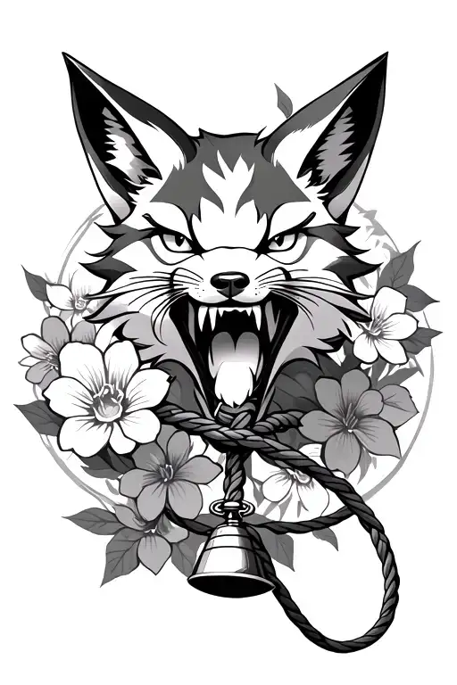 Fierce Kitsune face biting a rope with a bell in his mouth and Japanese flowers in the background, black and white tattoo design idea