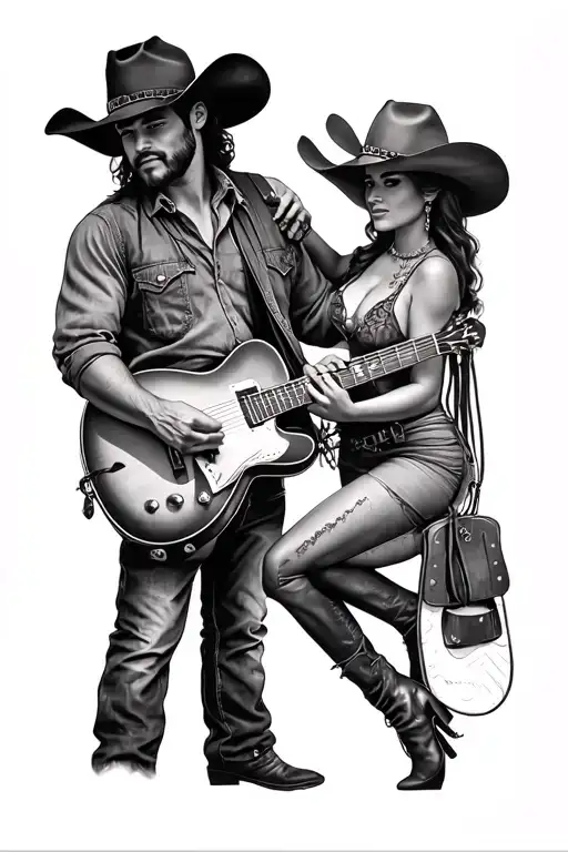 cowboy and cowgirl with guitar intertwined tattoo design idea