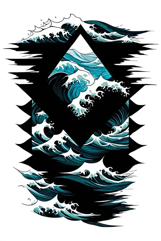 black triangle overlayed with messy ocean waves with single blue wave in the middle  tattoo design idea