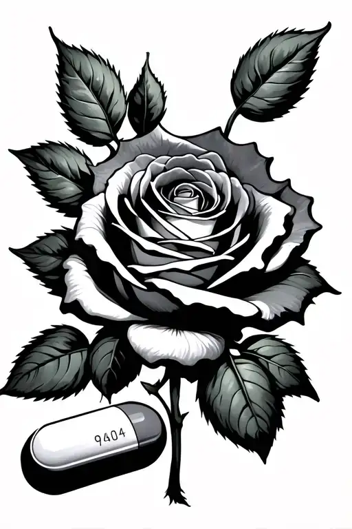 Rose Growing Out of a Pill, 999 ON THE LABE, Lalso i want 14.04, also maybe more pills and percocets, JUICE WRLD STYLE tattoo design idea