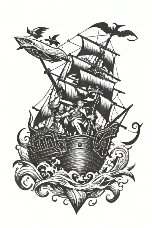 mermaid and pirate ship, hook and goonies film inspired with a hint of Harry potter tattoo design idea
