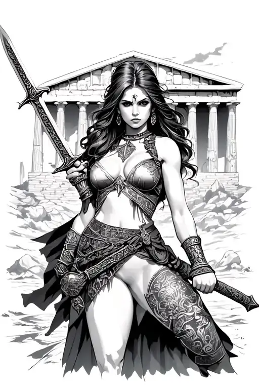 Sexy female warrior with sword infront of acropolis  tattoo design idea