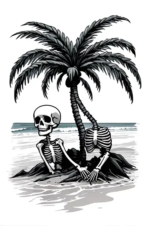 palm tree in the beach with a skeleton leaning against it tattoo design idea