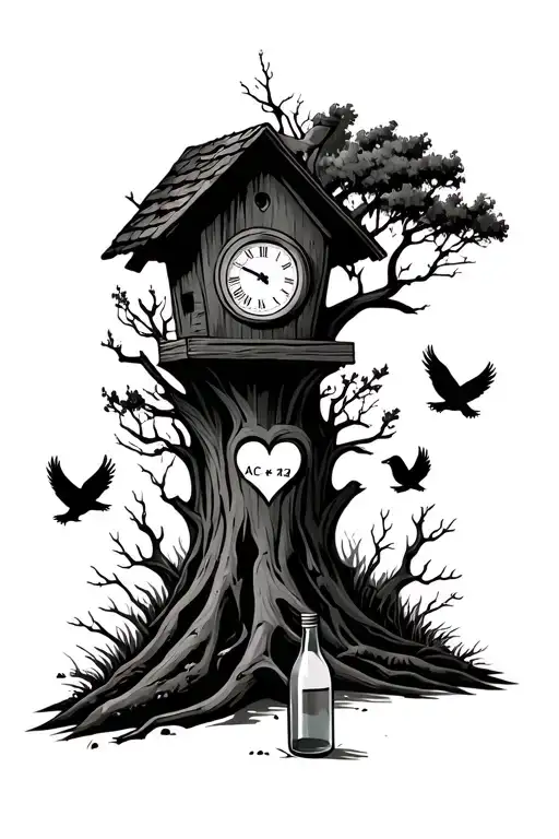 a forest scene with a Bird house, Clock on 4:20, Three birds Heart with AC + MA carved into a tree, a discarded bottle tattoo design idea