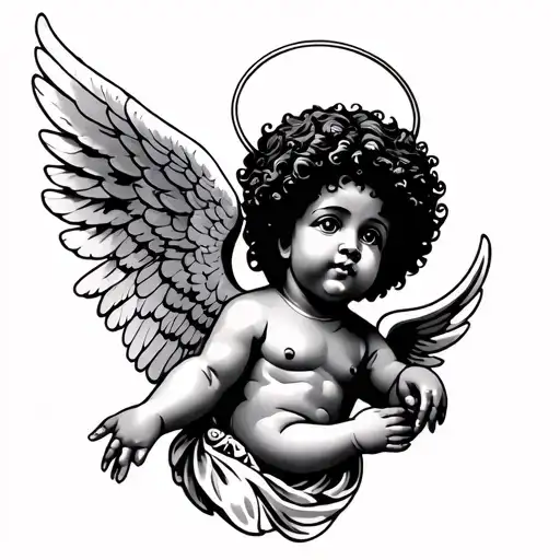 Afro Latin cherub angel with wings and halo tattoo design idea