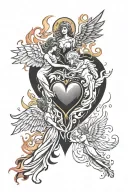 flaming heart and  angel falling tattoo design idea