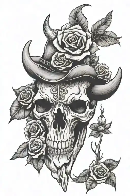 western bull skull with roses tattoo design idea