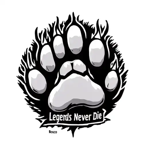 dogs paw on hand. with the name Rosco. that says Legends Never Die tattoo design idea