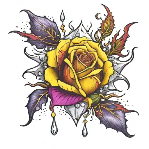 diamond wrapped in a thorned yellow rose with the petals dripping with blood and gold, purple, and red swirling on top tattoo design idea