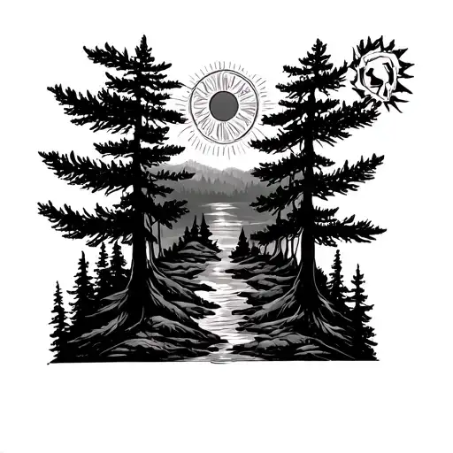pine forest sleeve with Aztec sun over the top  tattoo design idea