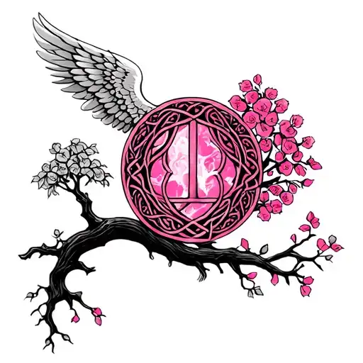 Tree of life with 1 pink and Celtic sign of maternity and swallowing angel wing tattoo design idea