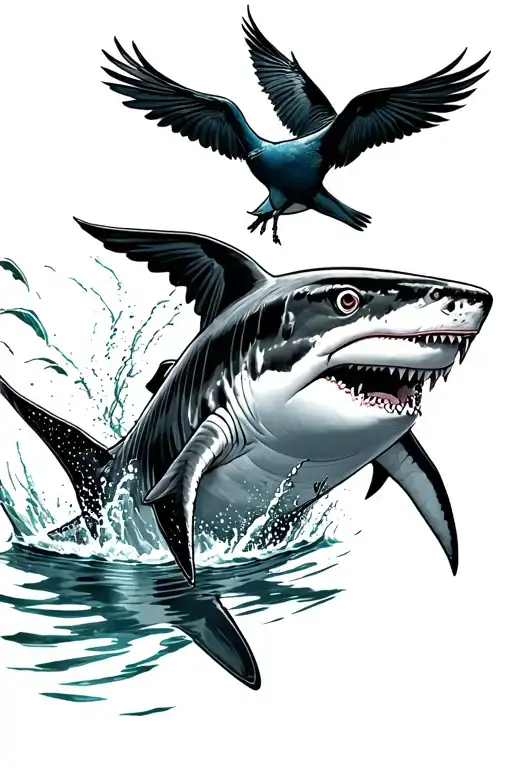 Birds guiding a shark swimming tattoo design idea