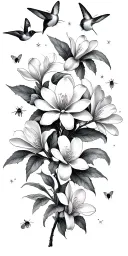 white magnolia flowers with small hummingbirds and butterflies with stars and bees tattoo design idea