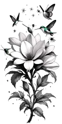 white magnolia flowers with small hummingbirds and butterflies with stars and bees tattoo design idea