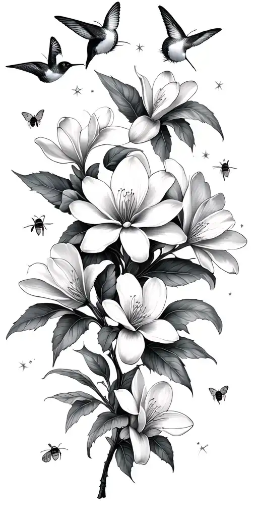 white magnolia flowers with small hummingbirds and butterflies with stars and bees tattoo design idea