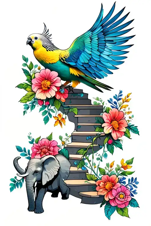 full sleeve tattoo with stairway to heaven, budgie bird, flowers and an elephant  tattoo design idea