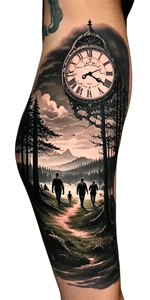 creepy forest scene with black sky with family walking and golf course and clock tattoo design idea