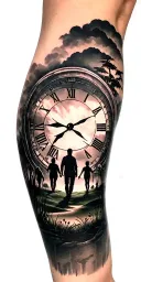 creepy forest scene with black sky with family walking and golf course and clock tattoo design idea