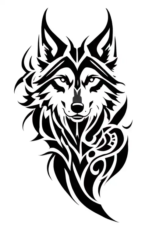 The image is a black and white tribal-style tattoo design. It is vertically aligned and features a combination of a wolf tattoo design idea
