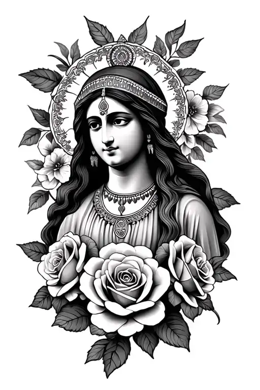 indian madonna and roses blooming tattoo design idea