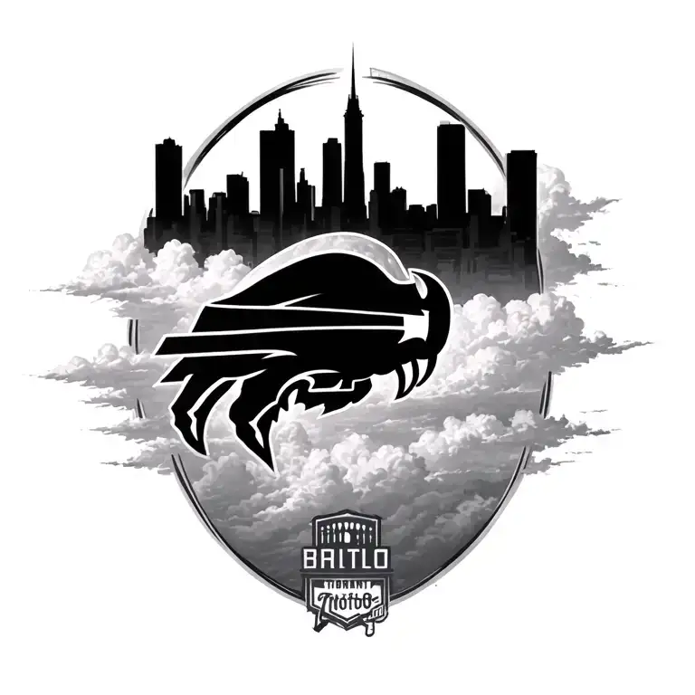A buffalo Bills logo morphing into a Toronto skyline, with soft, dreamy clouds surrounding it tattoo design idea